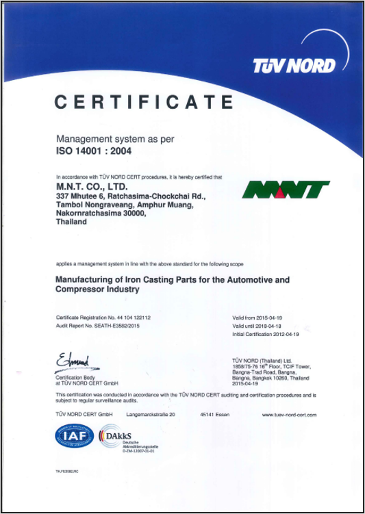 Certificate ISO 14001 : 2015